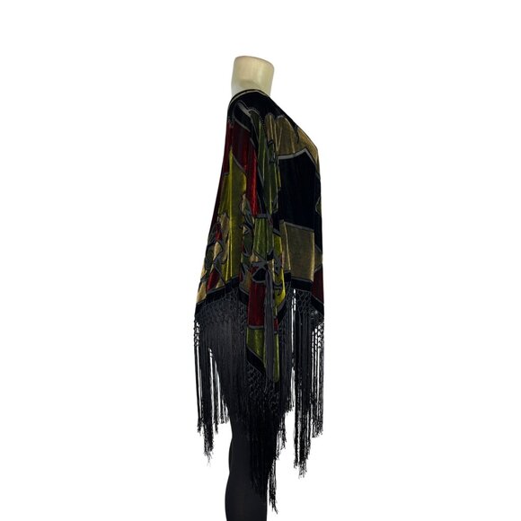 Velvet Poncho With Fringe Hem & Bold Abstract Multicolor Design One Size - Picture 2 of 5